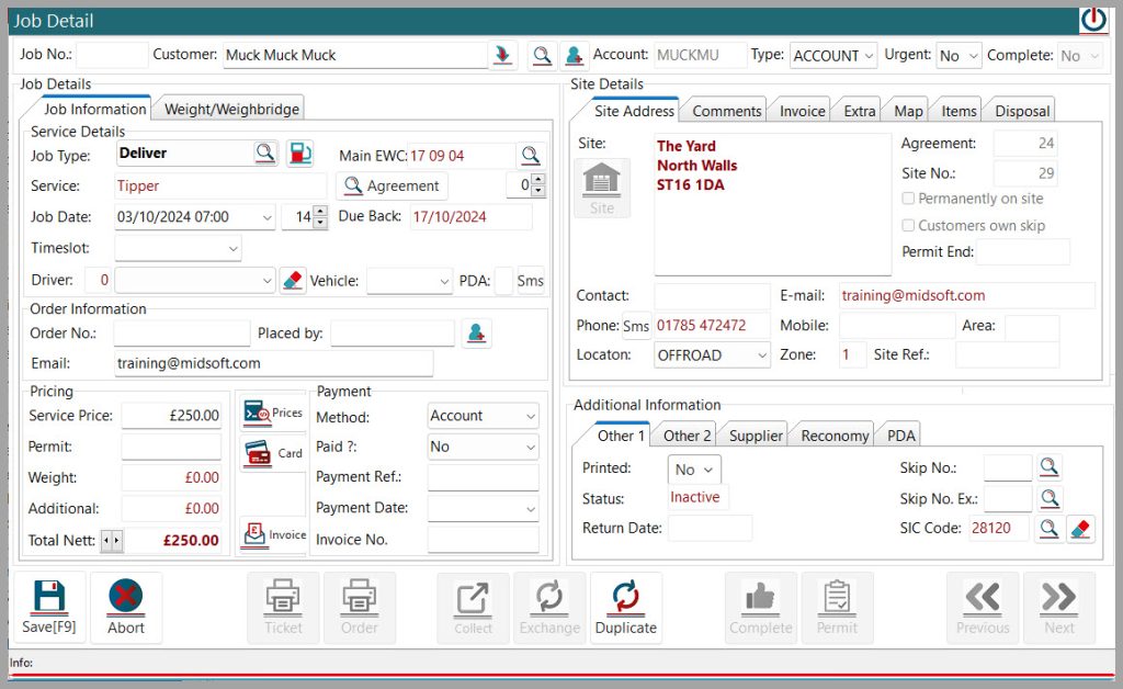 SkipTrak software job detail interface showing a skip hire booking form. The screen displays customer information, service details, pricing, site address, and various booking options for Muck Muck Muck customer at The Yard location. Total price shown as £250.00 with delivery date 03/10/2024.