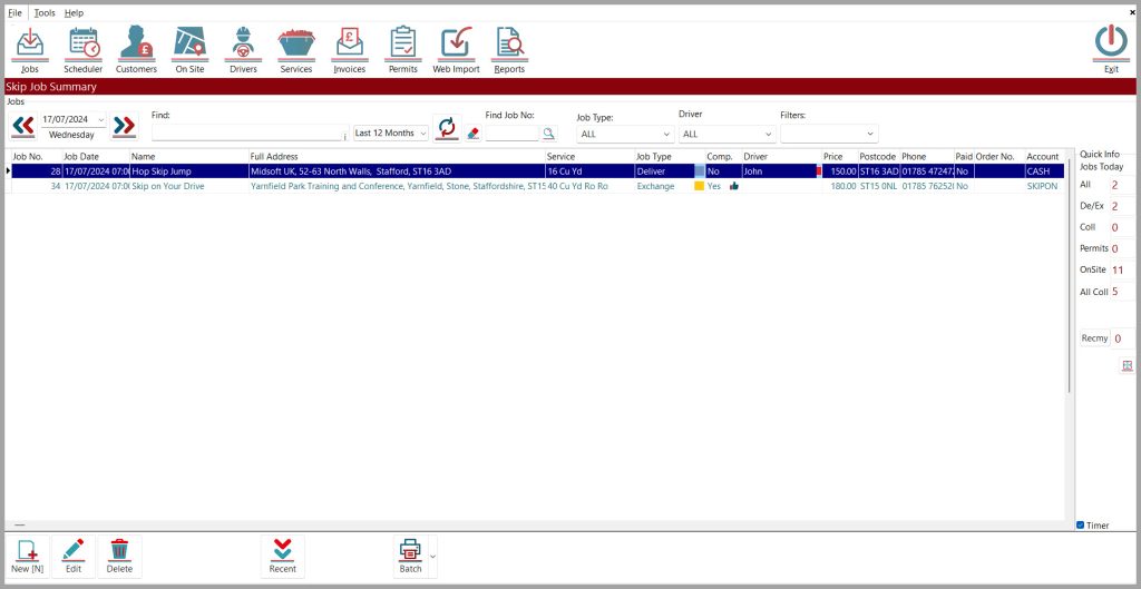 SkipTrak job summary screen showing a grid of scheduled skip hire tasks. The interface includes search filters, job details columns, and quick stats panel. Navigation toolbar at top provides access to Jobs, Scheduler, Customers, and other core functions. Grid displays job numbers, dates, addresses, services, and payment status with options to filter by last 12 months, job type, and driver.