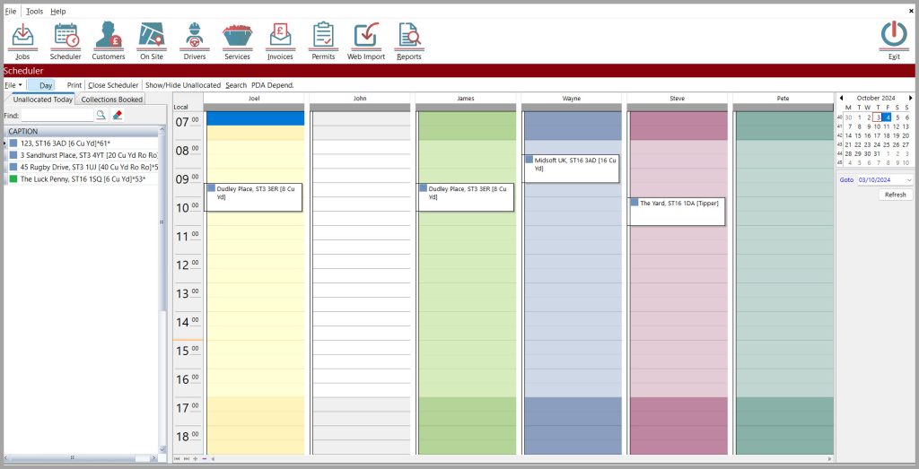 SkipTrak scheduler interface displaying a daily calendar view with color-coded columns for different drivers. The screen shows hourly time slots from 07:00 to 18:00, with unallocated jobs listed on the left panel. Each driver has their own color-coded column showing scheduled skip deliveries and collections. Navigation calendar for October 2024 visible in top right, with options for printing tickets and managing job allocations in the toolbar.