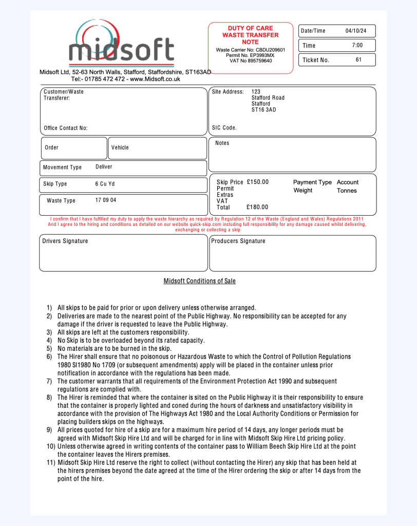 SkipTrak waste transfer ticket template showing Midsoft company header and logo. The form includes sections for duty of care details, customer information, site address, skip specifications, and pricing. Bottom section contains terms and conditions for skip hire. Format designed for 6x8 inch dot matrix printing with spaces for driver and producer signatures.